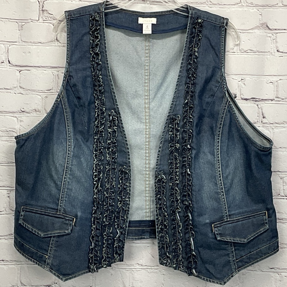 Chico's Denim Vest Women's Size 4 (XL/20) Blue Jean Ruffle Western Open Front